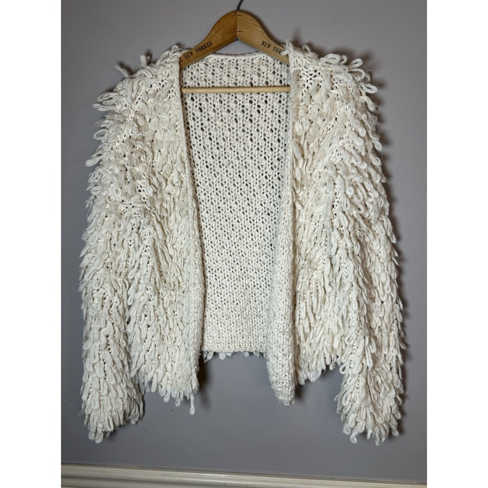 Open Knit Curly Que Cardigan Womens Size Medium Cream ivory Sweater